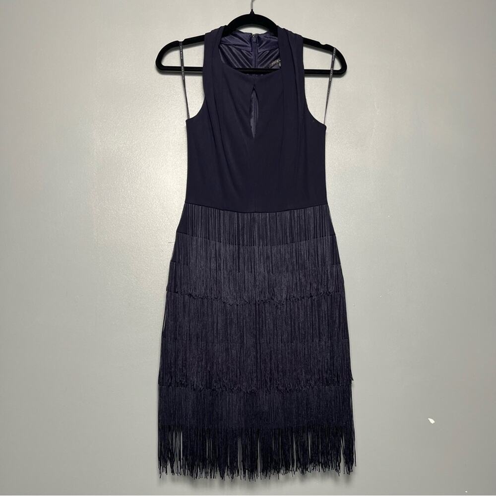 David Meister Fringe Cocktail Dress Women’s Size 2 Navy Blue Gatsby 1920s Party